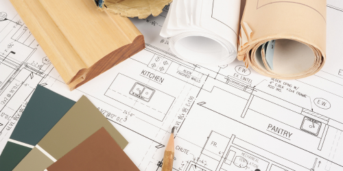 Blueprints and detailed drawing of a kitchen design by Fears Construction featuring B Design.