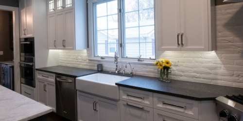 Finished kitchen designed by Fears Construction featuring B Design in Shorewood, IL.