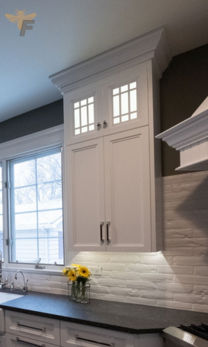 Elegant white kitchen cabinets with crown molding detail.